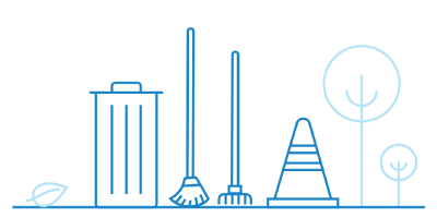 Line art graphic of cleaning tools