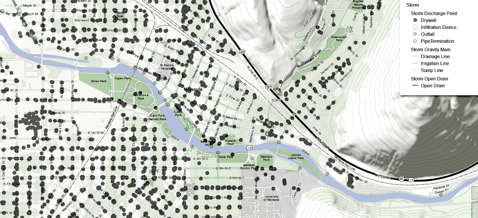 Image showing part of the Missoula Storm Water Map, including hundreds of drywells in a square mile area, with a link to the full page map. Opens in new window