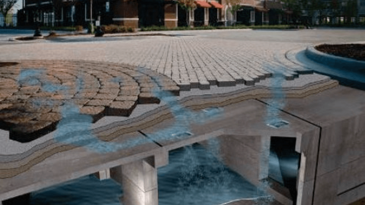 Diagram cross section of how permiable pavers allow storm water to filter through Opens in new window